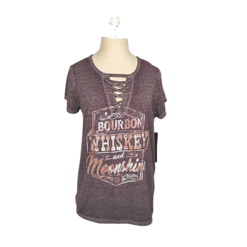 Western Top Delusional Bourbon Whiskey and Moonshine Vneck  Purple Rhinestones T